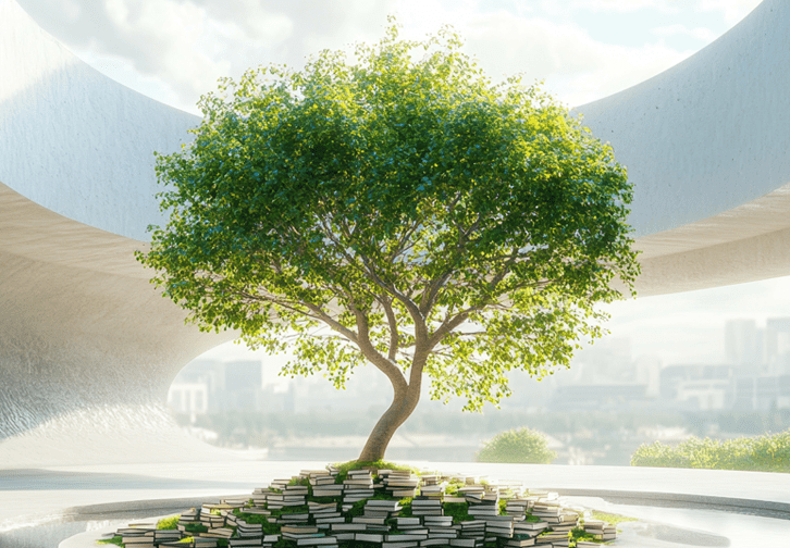 tree growing out of a pile of books