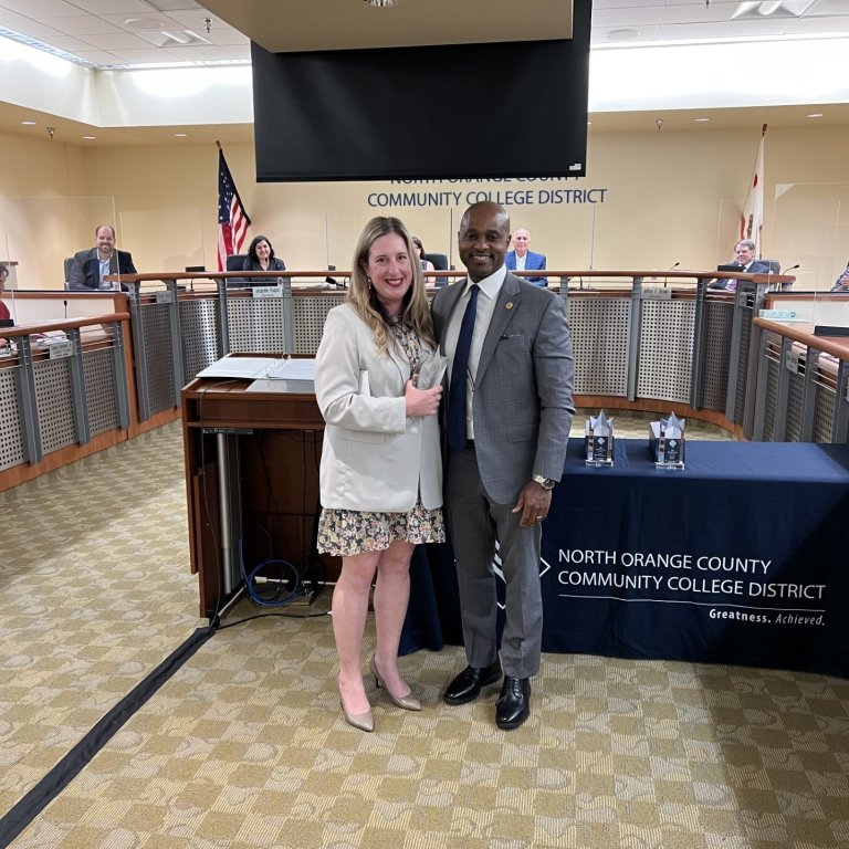 2022-23 North Star Award Recipient Dr. Gabrielle Stanco with the NOCCCD Chancellor in the Anaheim Campus Board Room
